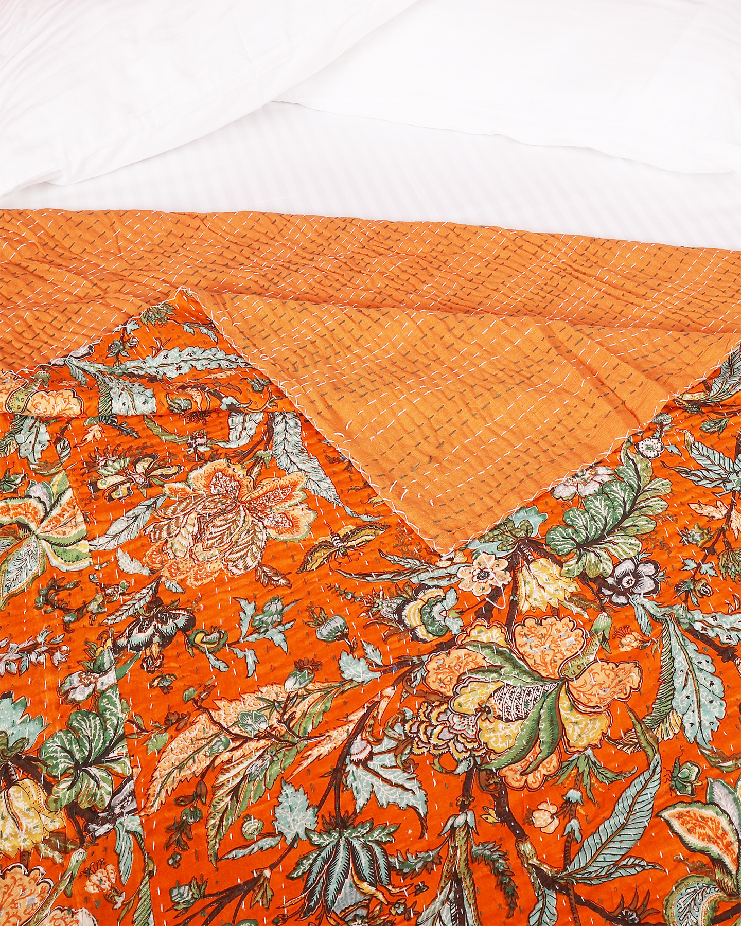 Orange Handblocked Printed Hand Kantha Double Bed Dohar/Bed Cover
